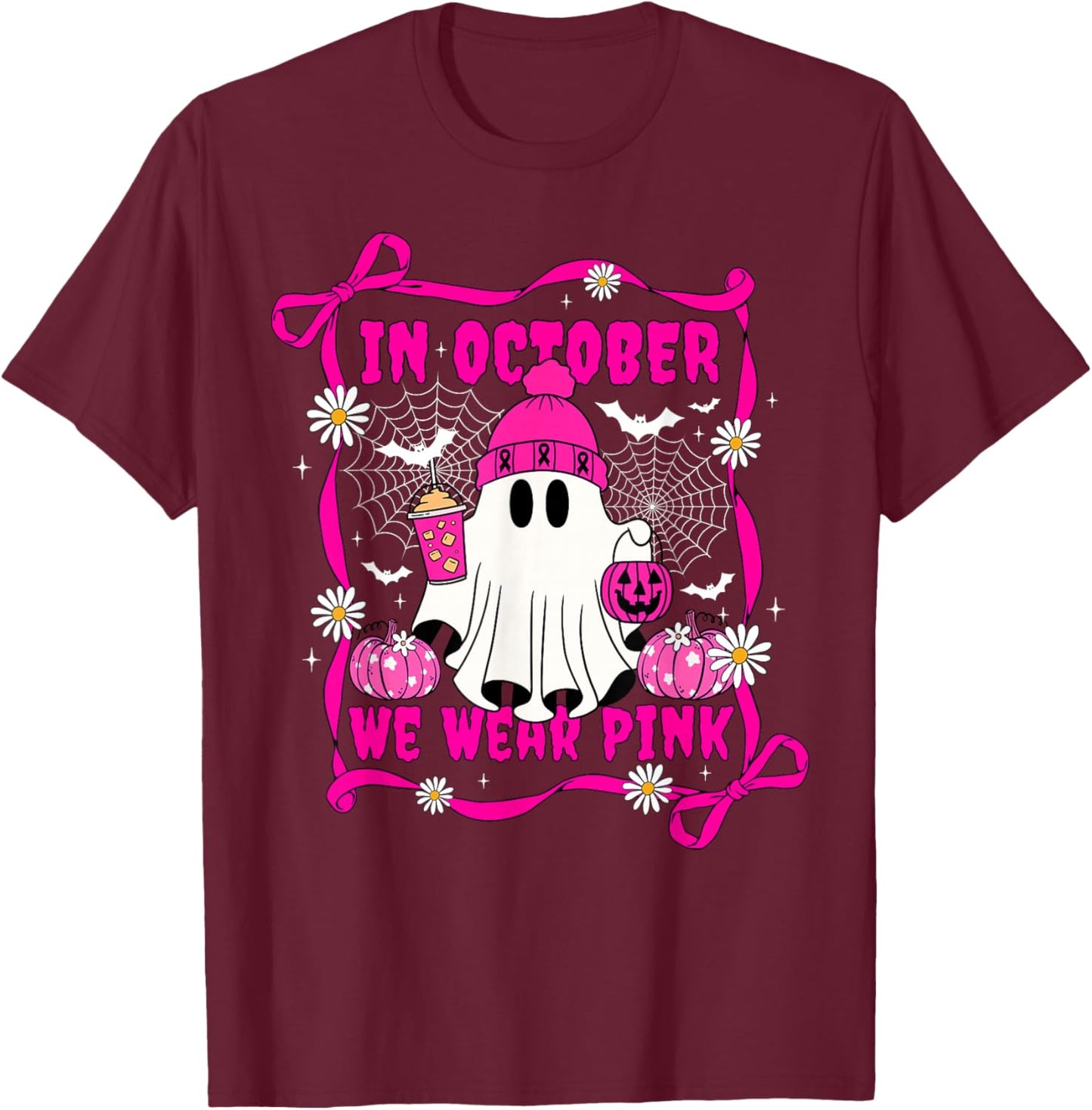 We Wear Pink in October Cute Ghost Breast Cancer Awareness T-Shirt - T-Shirt | Maroon