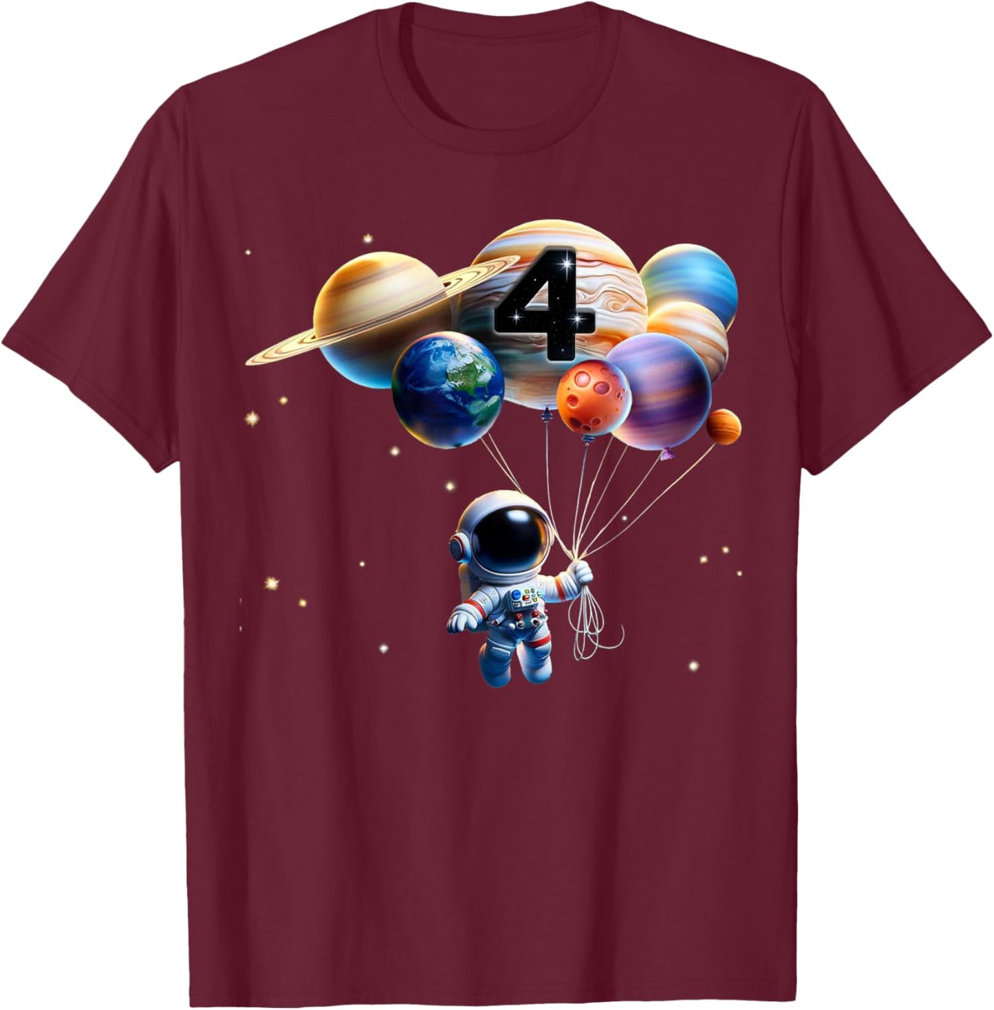 4 Years Old Birthday Boy Gifts Astronaut Planet 4th Four T-Shirt - T-Shirt | Maroon