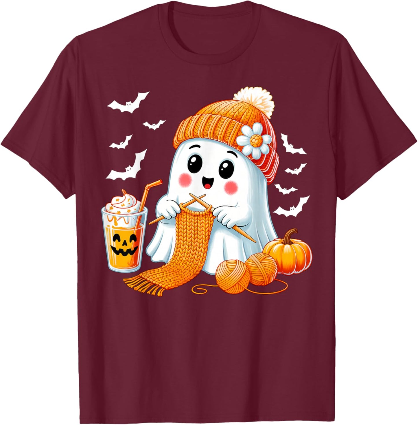 Ghost Crochet Crocheting Knitting Coffee Women Halloween T-Shirt - T-Shirt | Maroon