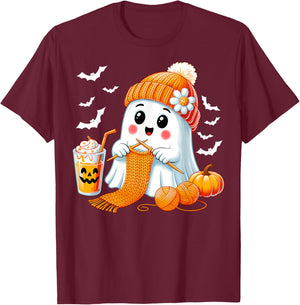 Ghost Crochet Crocheting Knitting Coffee Women Halloween T-Shirt - T-Shirt | Maroon