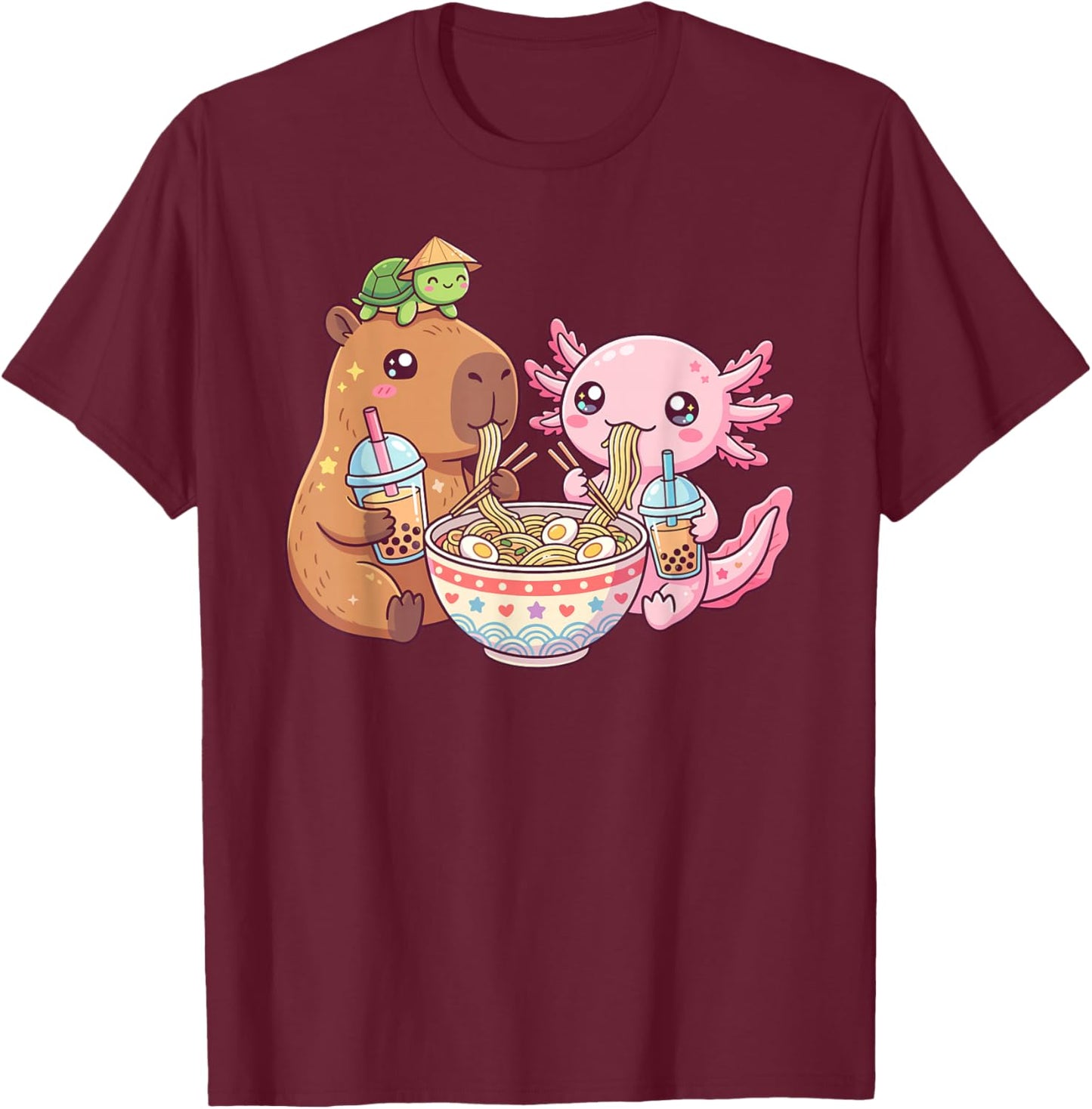 Cute Capybara Axolotl Ramen Turtle Bubble Tea Kids T-Shirt - T-Shirt | Maroon