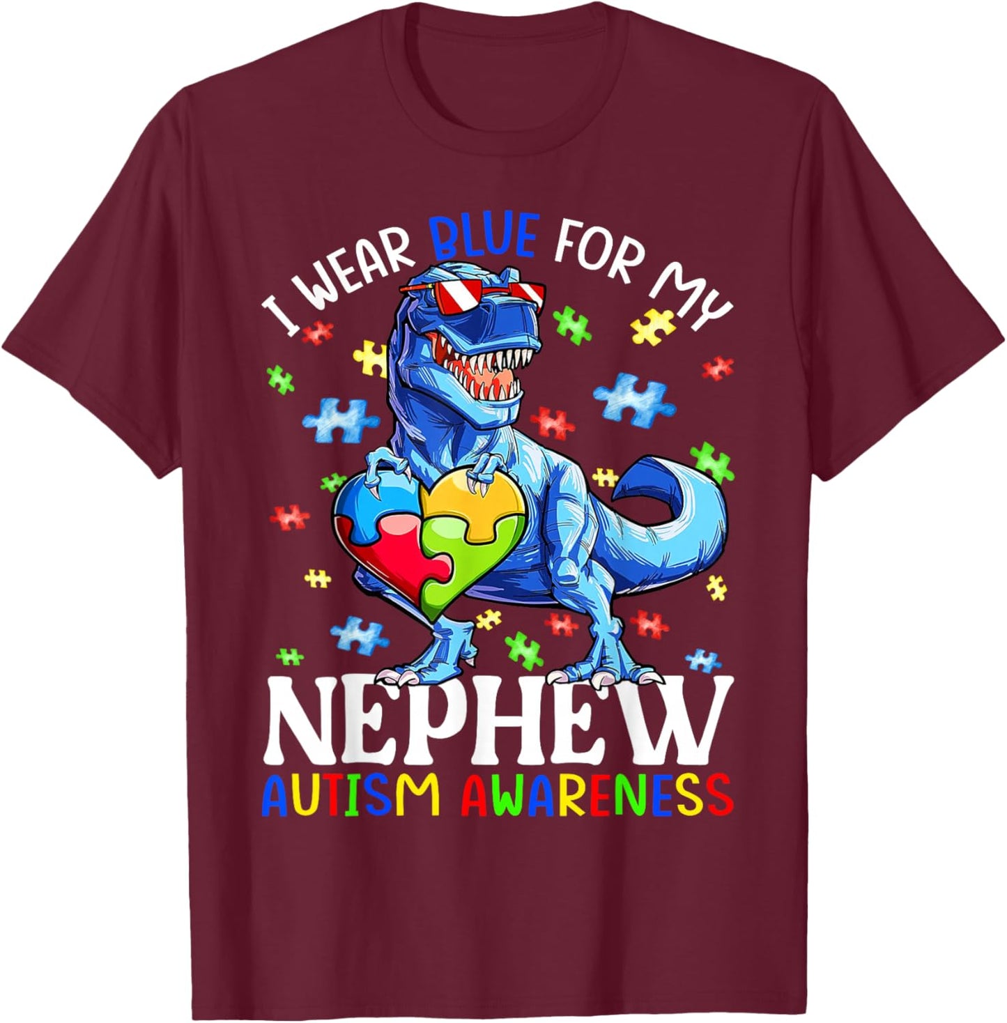 I Wear Blue For My Nephew Autism Awareness Dinosaur Boys T-Shirt - T-Shirt | Maroon