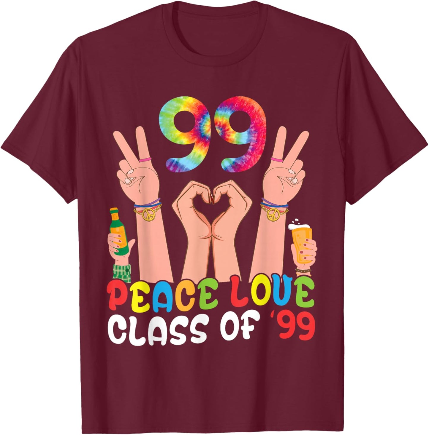 Peace Love Class of 99 Retro Tie Dye 1999 Reunion Senior T-Shirt - T-Shirt | Maroon