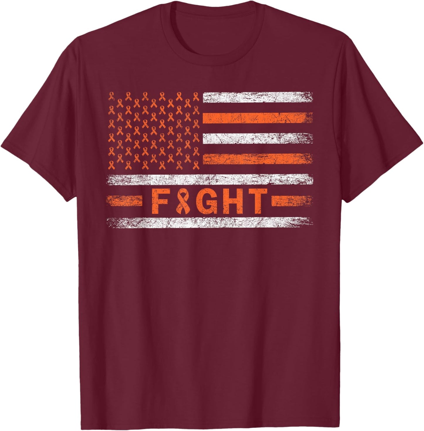 American Flag Orange Ribbon Fight Leukemia Awareness Women Men T-Shirt - T-Shirt | Maroon