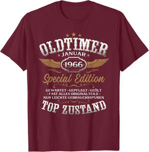 60th Birthday Man Gift Vintage Car January 1966 T-Shirt - T-Shirt | Maroon