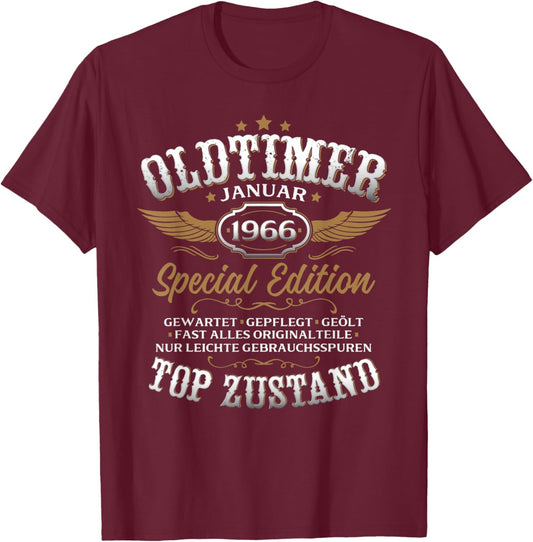 60th Birthday Man Gift Vintage Car January 1966 T-Shirt - T-Shirt | Maroon