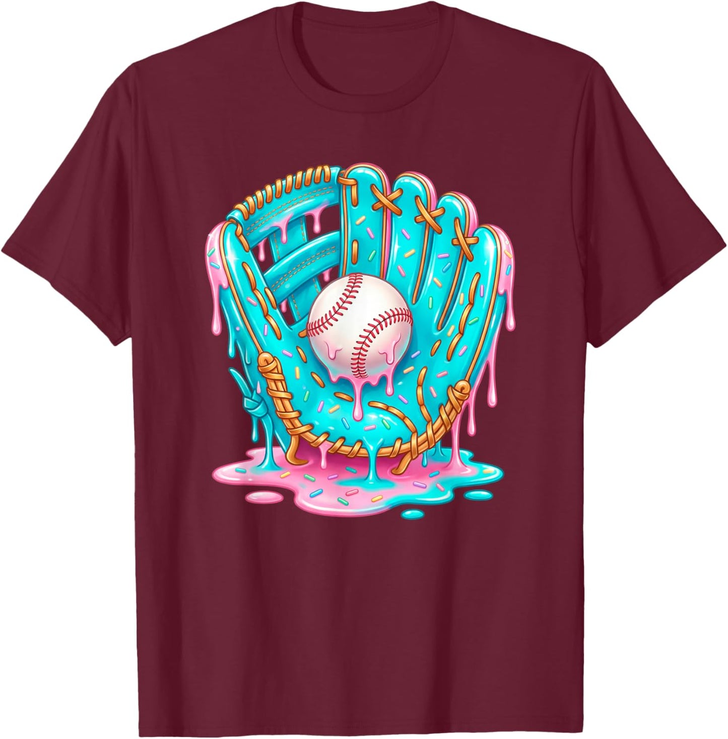 Baseball Drip Ice Cream Blue Glove Melt Ball Art T-Shirt - T-Shirt | Maroon