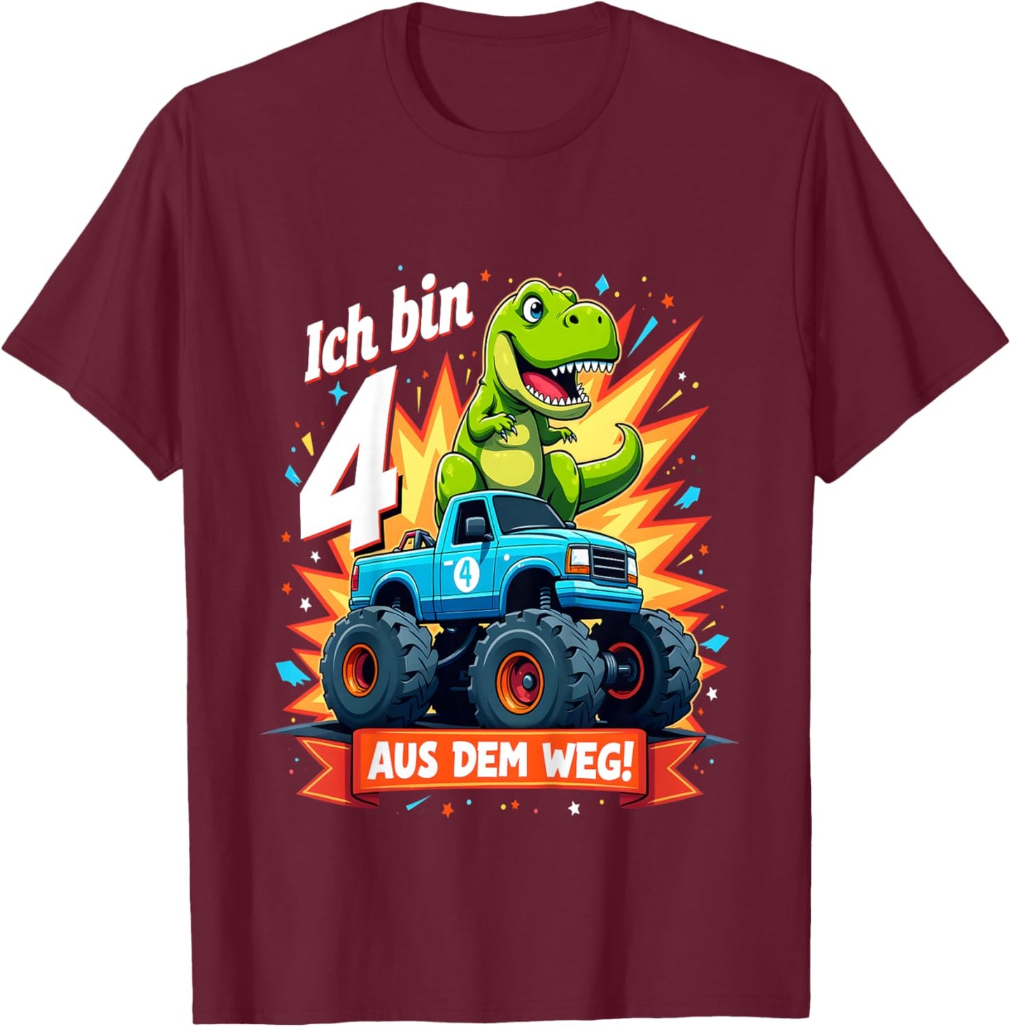 Kinder Ich bin 4 Dinosaurier Monstertruck Kindergeburtstag T-Shirt - T-Shirt | Maroon