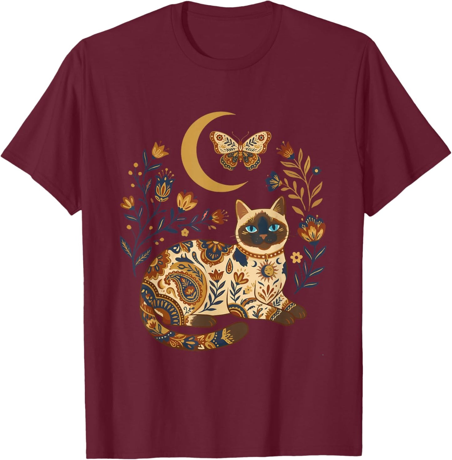Boho Celestial Siamese Cat Moon Floral T-Shirt - T-Shirt | Maroon