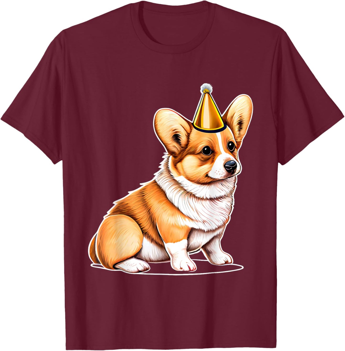 Adorable Corgi With Party Hat Birthday T-Shirt - T-Shirt | Maroon