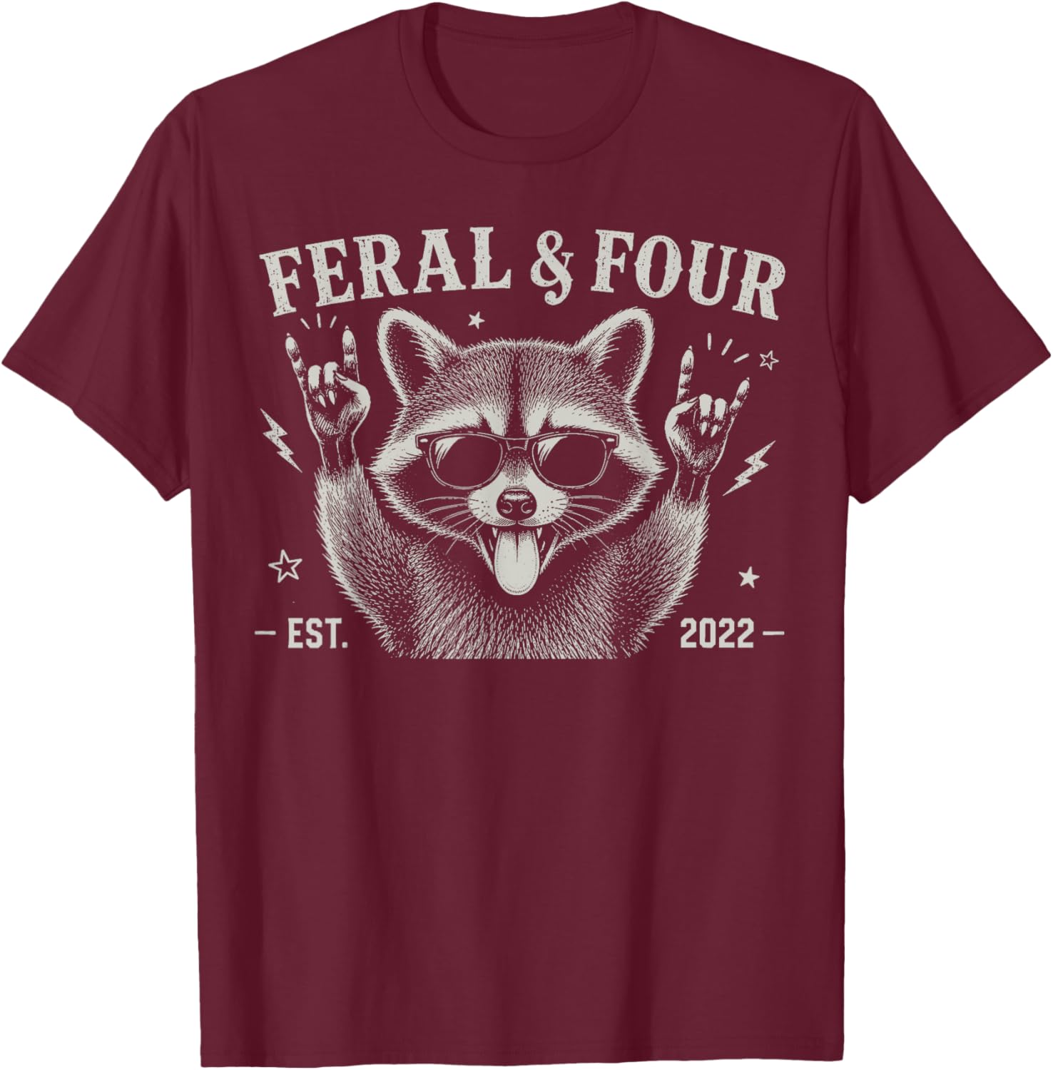 Funny Feral and Four Raccoon 4th Birthday Shirts Girls Boys T-Shirt - T-Shirt | Maroon