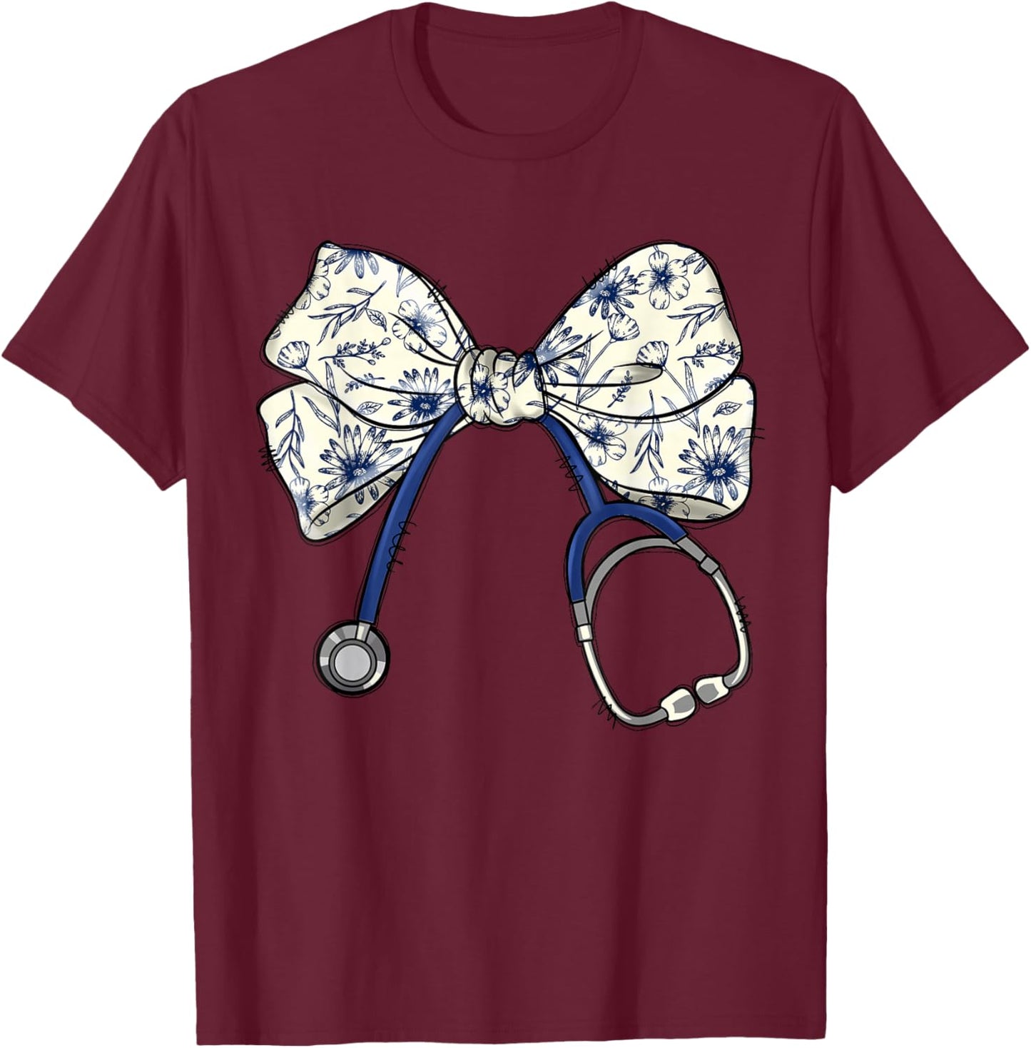 Floral Blue Coquette Bow Nurse Stethoscope Nursing Doctor T-Shirt - T-Shirt | Maroon