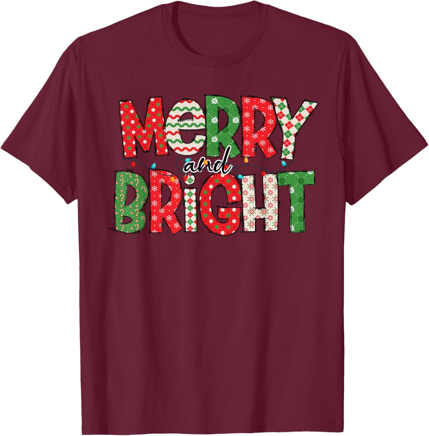 Merry And Bright Christmas Pajama Lights Santa Hat Xmas 2024 T-Shirt - T-Shirt | Maroon