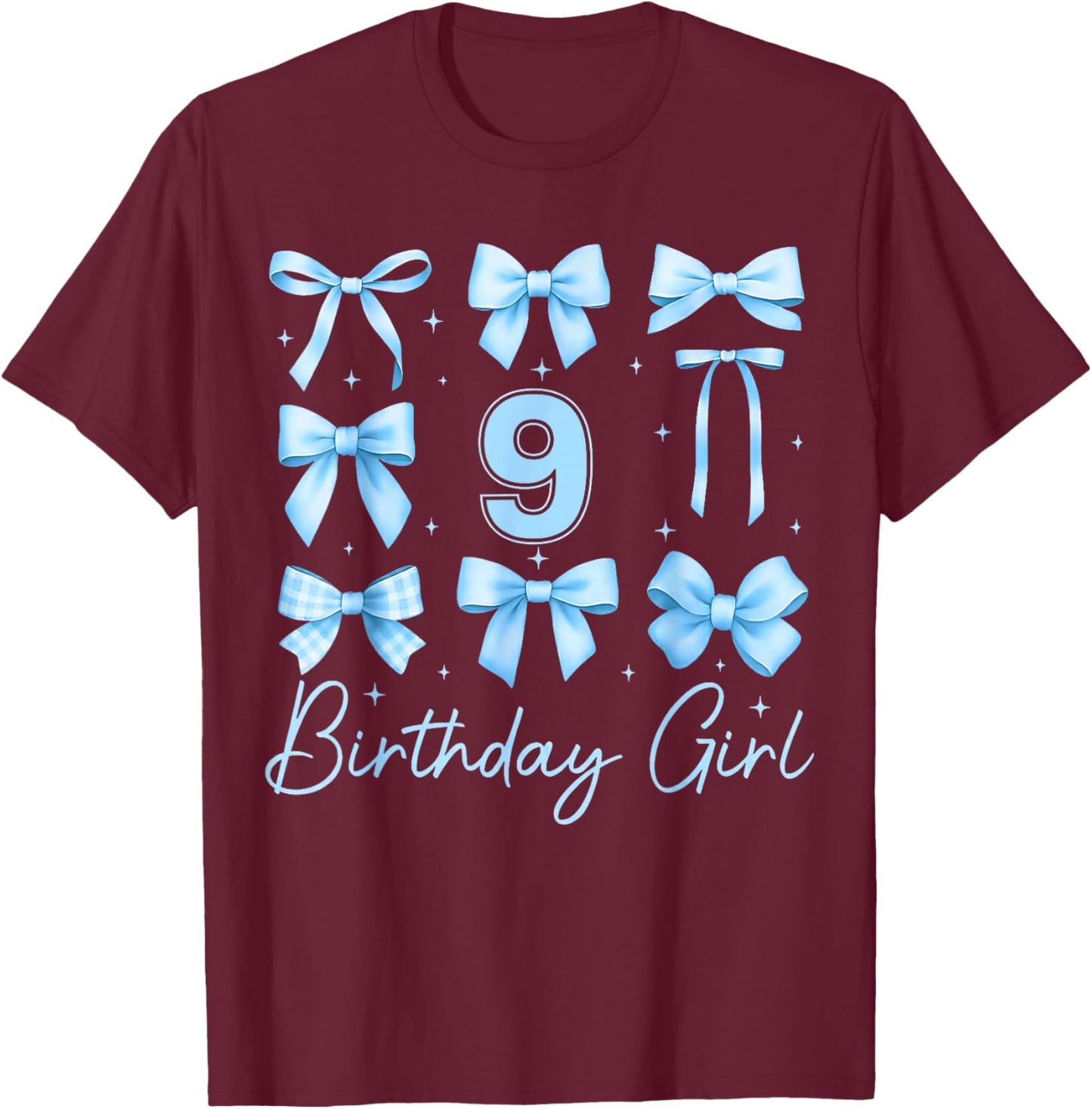 Cute 9th Birthday Girl Blue Coquette Bow 9 Year Old T-Shirt - T-Shirt | Maroon