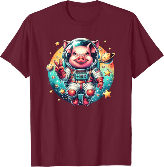 Funny Pig Astronaut in Space for Pig Lover T-Shirt - T-Shirt | Maroon