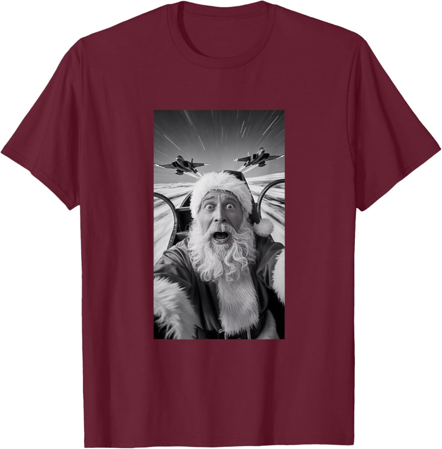 Santa Selfie Flying with Jets Funny Christmas T-Shirt - T-Shirt | Maroon