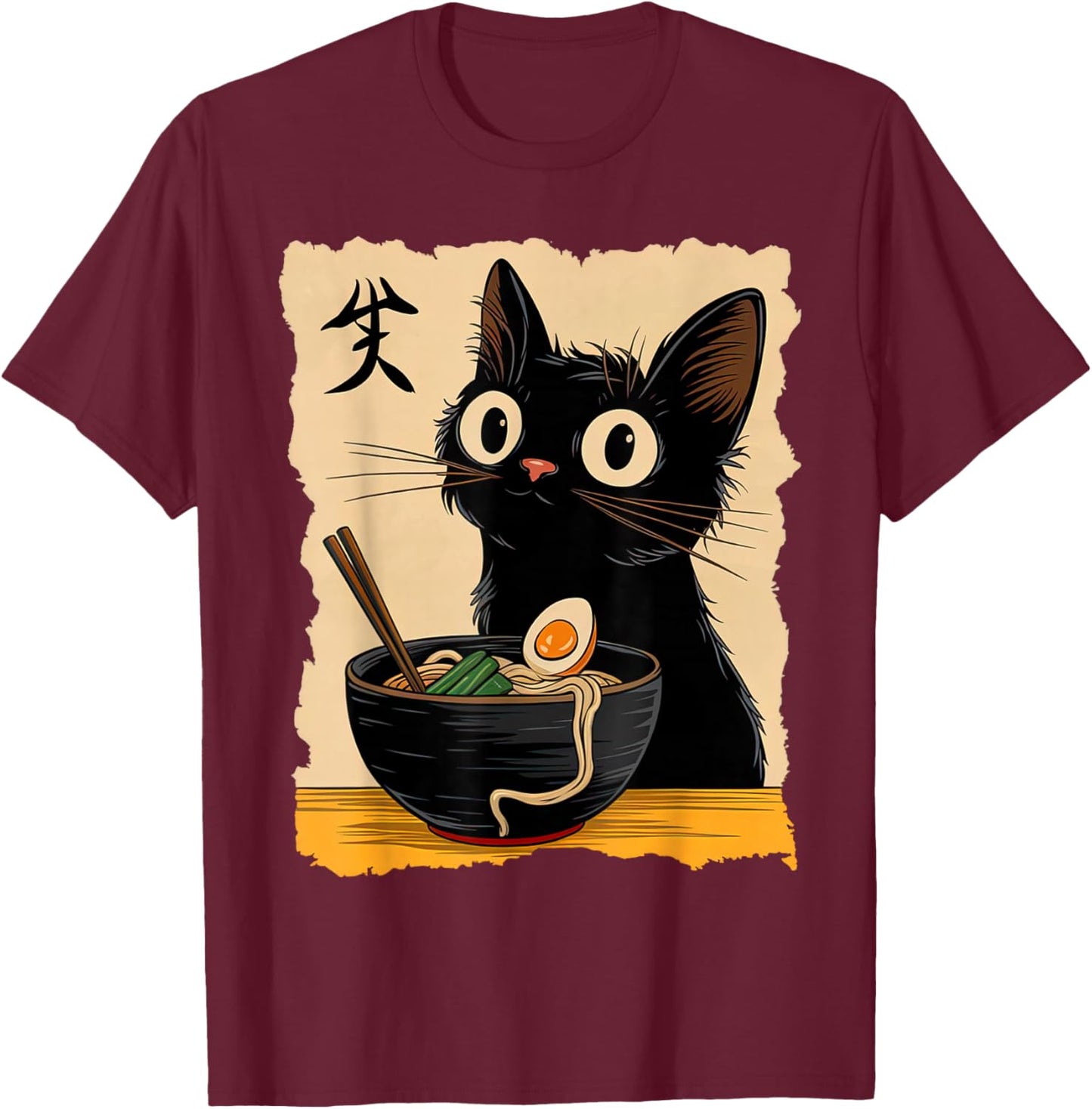 Black Cat Ramen Japanese Kawaii Anime Cat Ramen T-Shirt - T-Shirt | Maroon