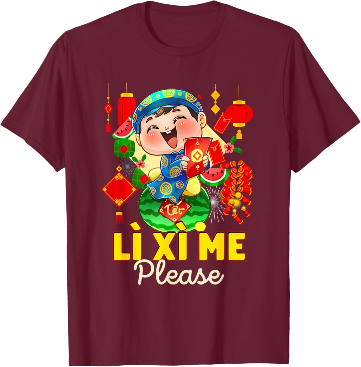 Happy Tet Chuc Mung Nam Moi 2025 Li Xi Me Please Kids Boys Black Modern Classic Cartoon Birthday T-Shirt - T-Shirt | Maroon