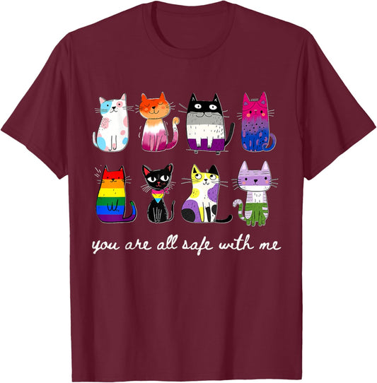 You are All Safe with Me Cute Cat Pride Month LGBT Support T-Shirt - T-Shirt | Maroon