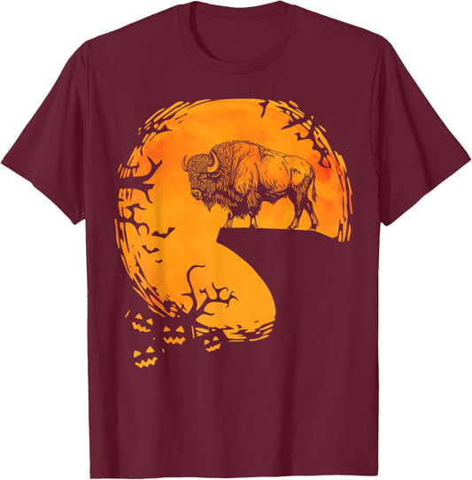 Funny Buffalo Halloween Moon Silhouette Spooky Bison Lover T-Shirt - T-Shirt | Maroon