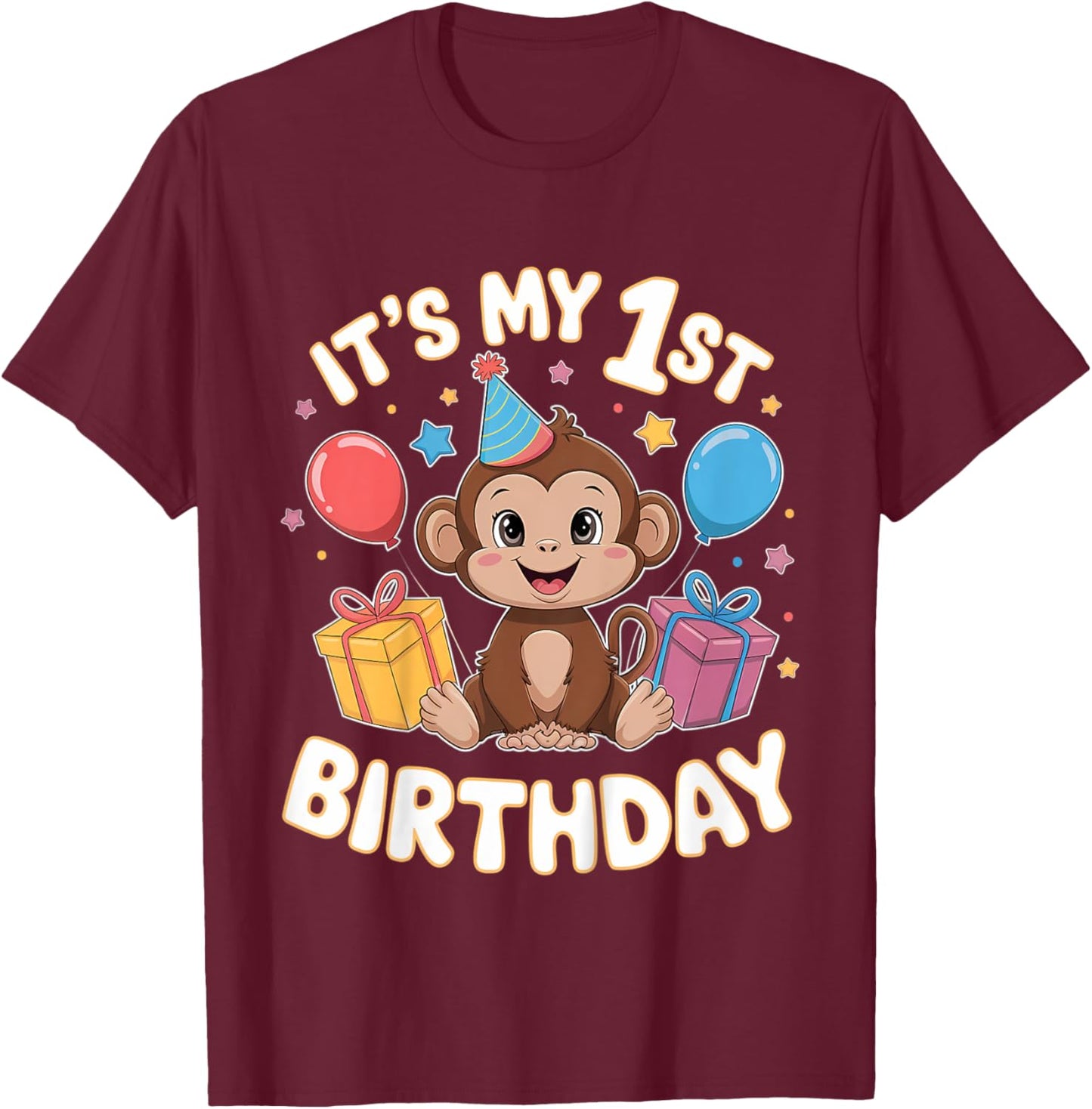 Kids 1st Birthday Monkey Party Design T-Shirt - T-Shirt | Maroon