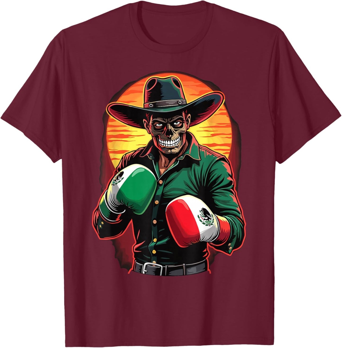 Mexican Cowboy Boxer Día de Muertos Boxing T-Shirt - T-Shirt | Maroon
