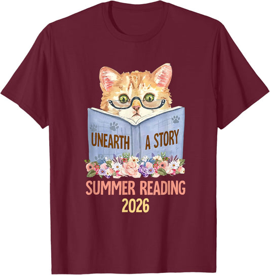 Bookish Cat Lady Summer Reading 2026 Unearth a Story T-Shirt - T-Shirt | Maroon