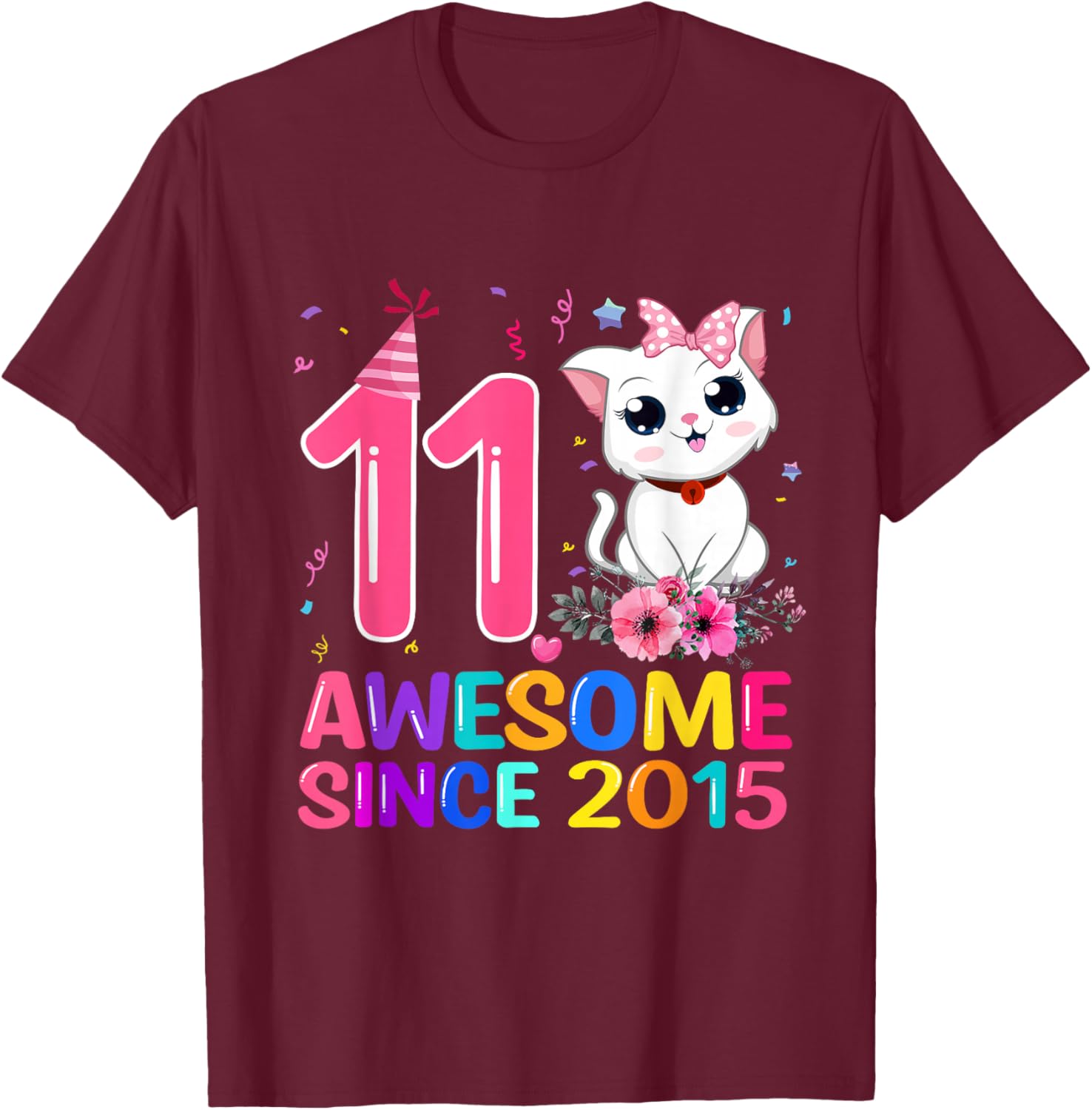 Awesome Since 2015 11th Cat Theme Birthday Girl Party T-Shirt - T-Shirt | Maroon