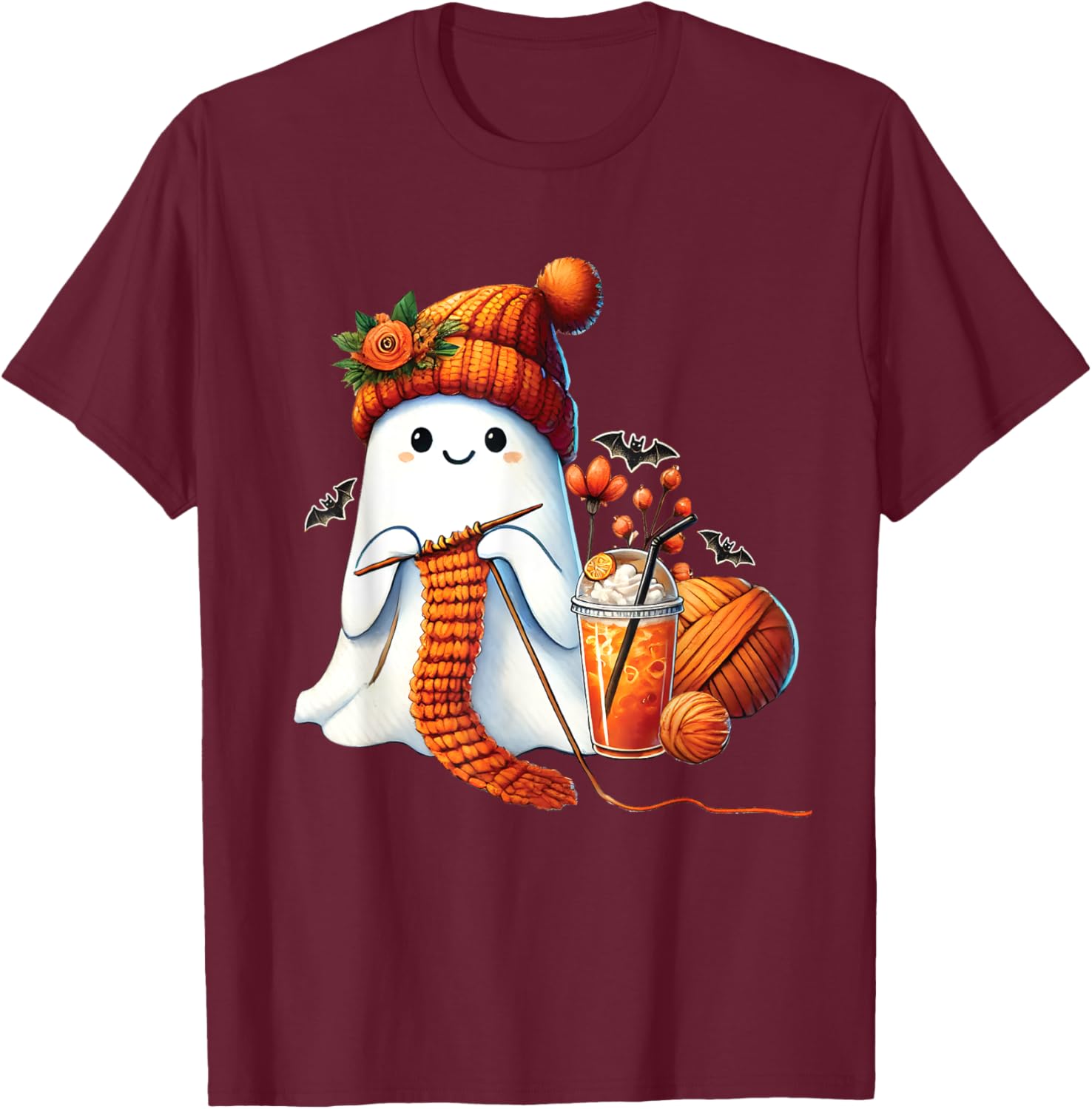Cute Ghost crochet knitting Lovers Halloween Coffee Women T-Shirt - T-Shirt | Maroon
