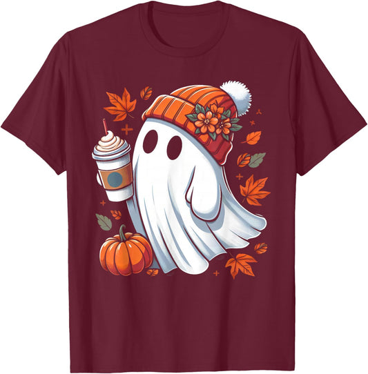 Cute Ghost Drinking Coffee Halloween Ghost Ice Coffee T-Shirt - T-Shirt | Maroon