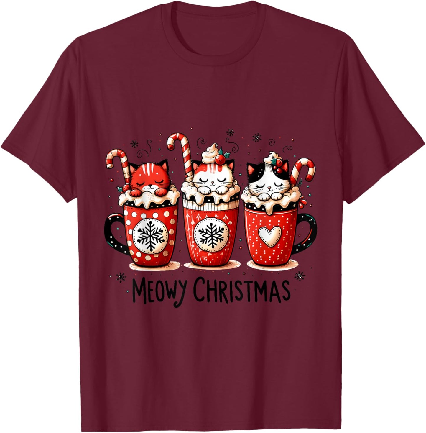 Meowy Christmas Cute Cats and Coffee Merry Xmas Graphic T-Shirt - T-Shirt | Maroon