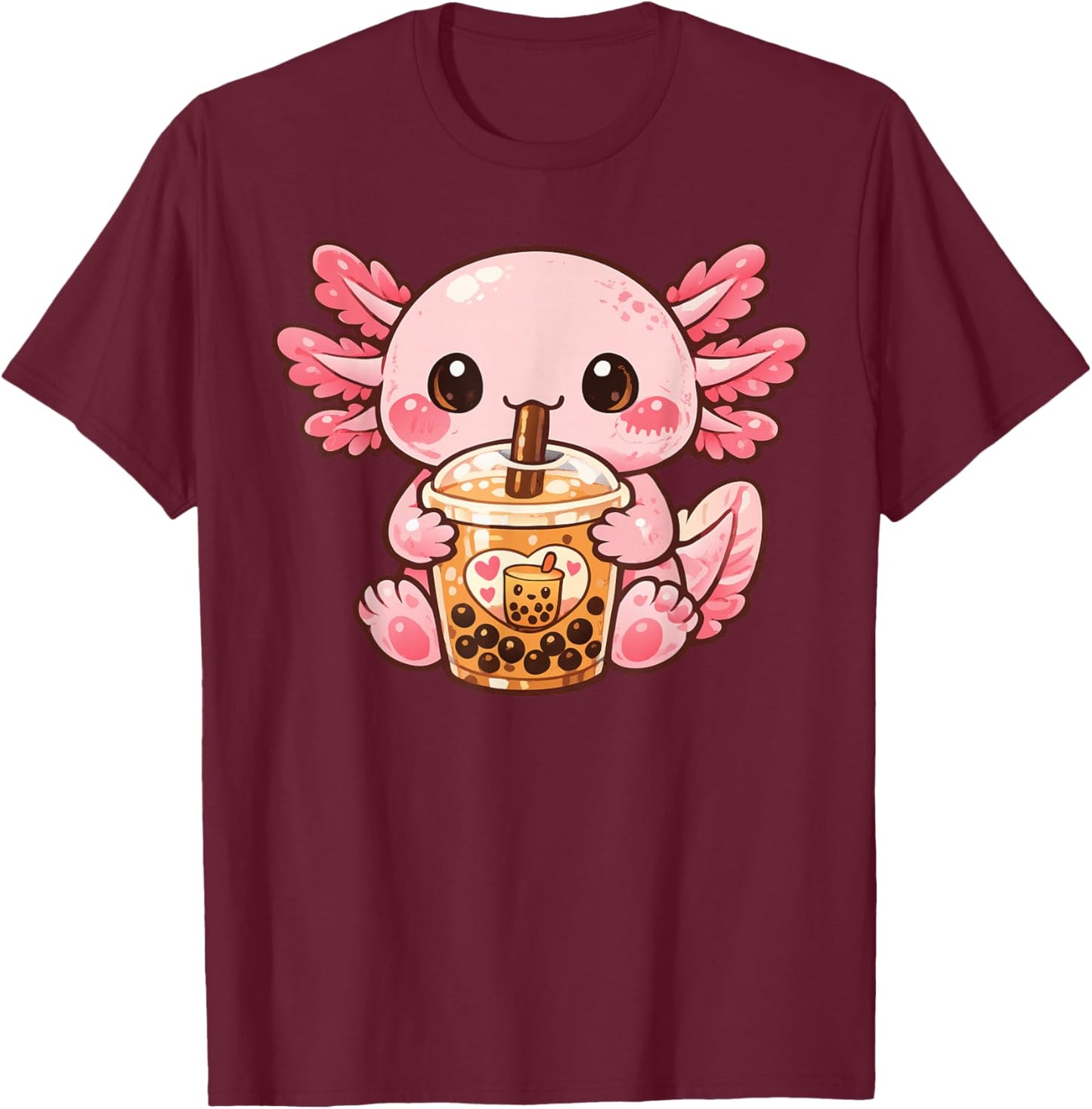 Kawaii Axolotl Drinking Bubble Tea Boba Tea Lovers Cute T-Shirt - T-Shirt | Maroon