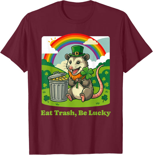 St. Patrick's Day Opossum Eat Trash Be Lucky Leprechaun Hat T-Shirt - T-Shirt | Maroon