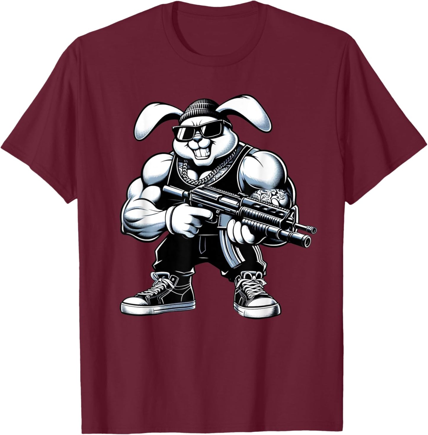 Thug Bunny Holding Gun Muscles Gangster Rabbit Lovers Art T-Shirt - T-Shirt | Maroon
