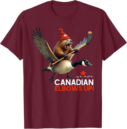 Retro We Are Canadian Elbows Up Angry Beaver Flying Goose T-Shirt - T-Shirt | Maroon