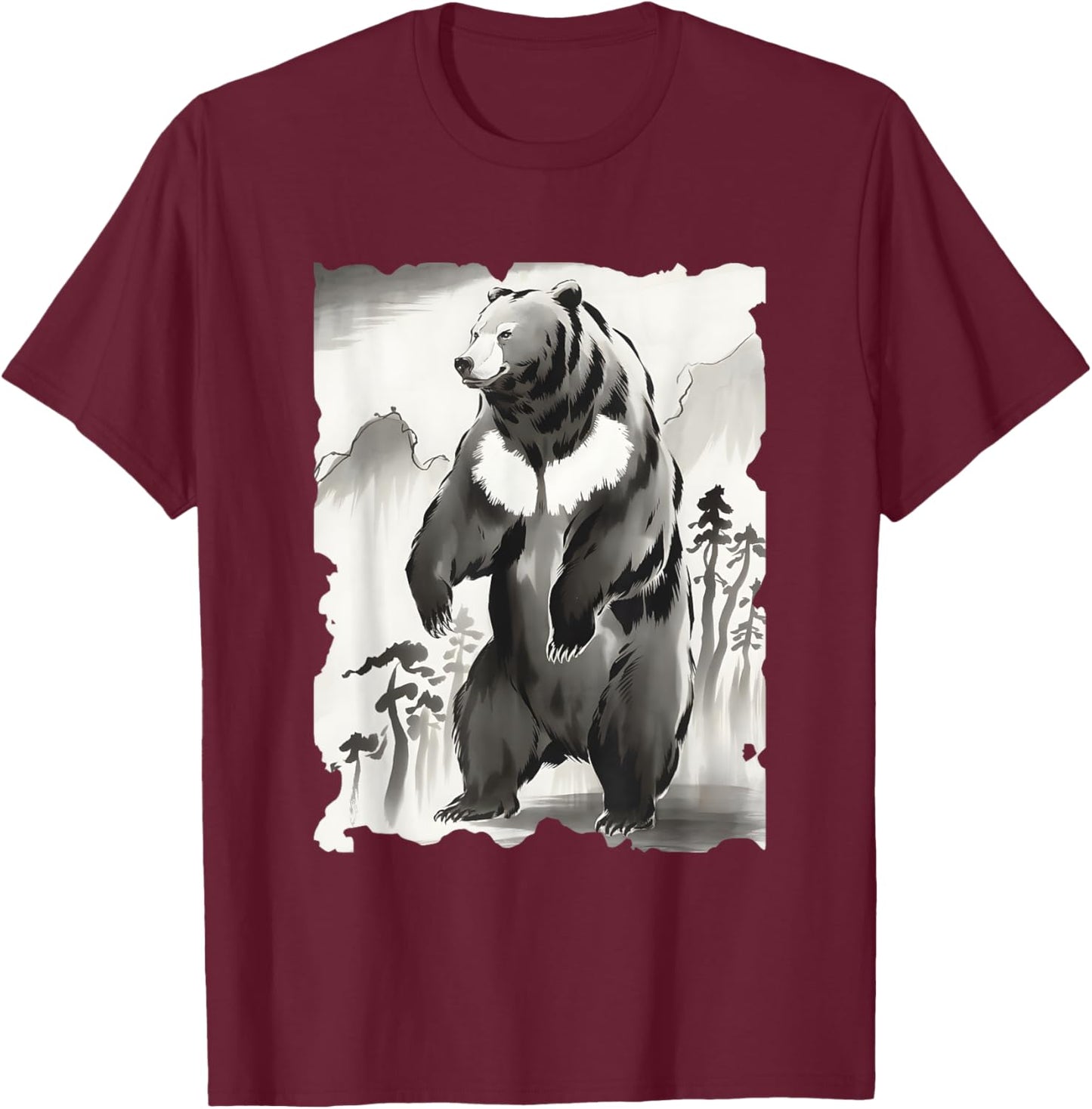 Bear Sumi-e Graphic - Vintage Japanese Art Kuma Bear T-Shirt - T-Shirt | Maroon