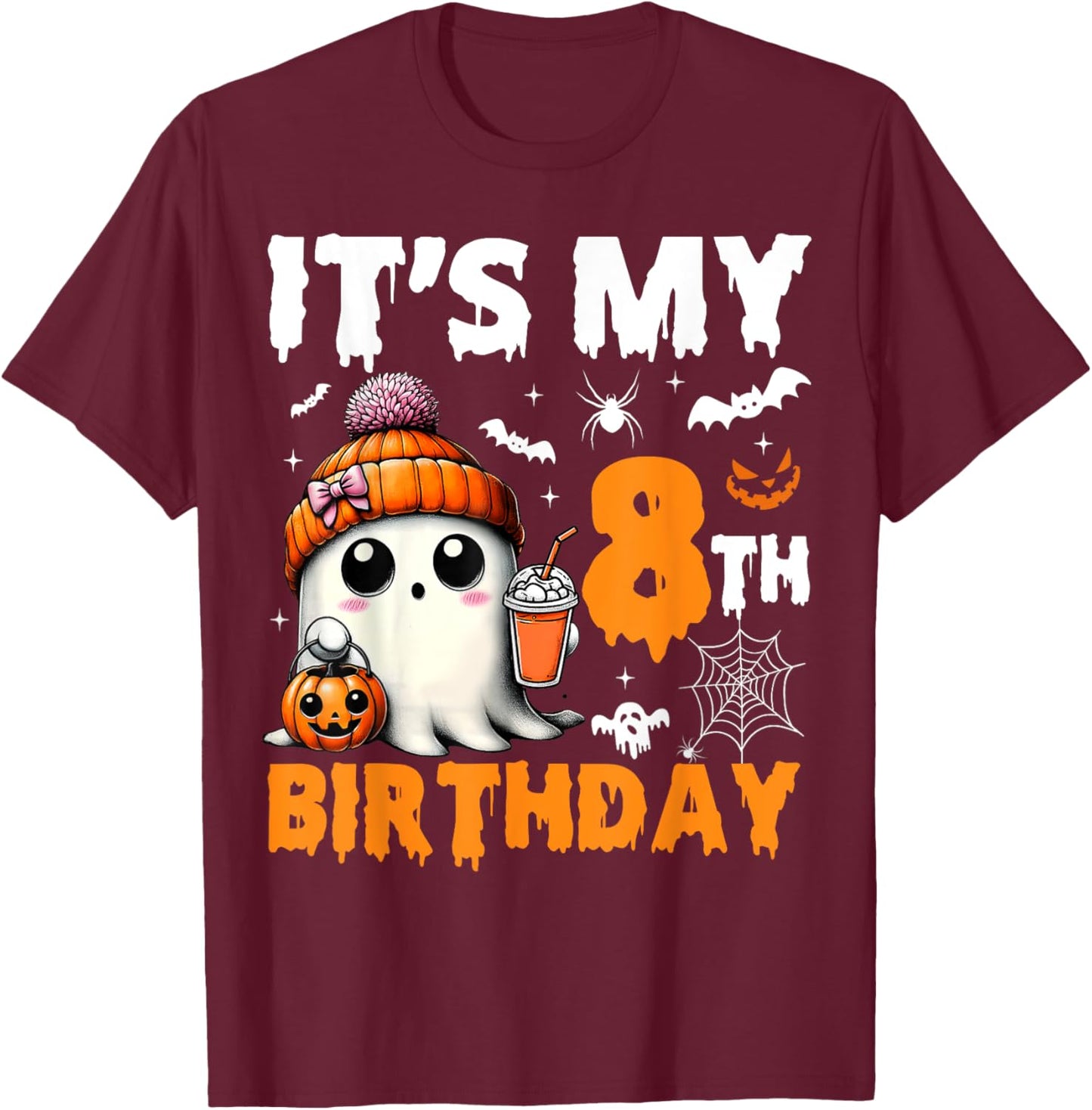 It's My 8th Birthday 8 Years Old Ghost Pumpkin Halloween T-Shirt - T-Shirt | Maroon