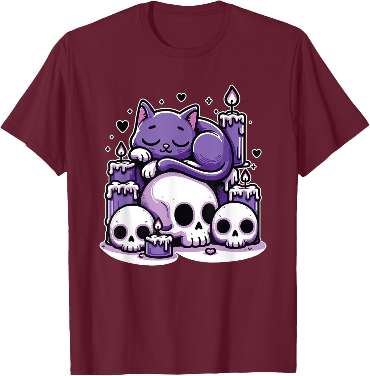 Kawaii Pastel Goth Cute Creepy Cat Candles Skeleton Men Women Girls Kids T-Shirt - T-Shirt | Maroon