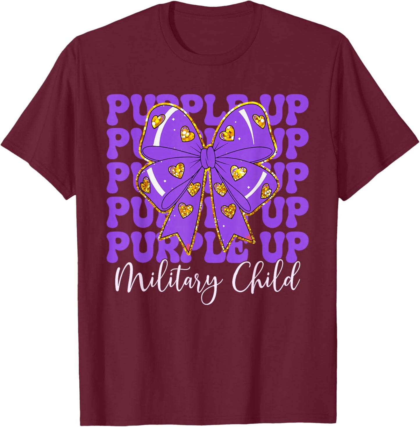 Purple Up For Military Kids Coquette Bow Military Child Girl T-Shirt - T-Shirt | Maroon