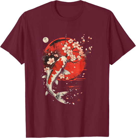 Cherry Blossom Koi Carp Fish Japanese Sakura Graphic Art T-Shirt - T-Shirt | Maroon