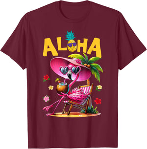 Aloha Flamingo Summer Vibes Beach Palm Tree Summer Vacation T-Shirt - T-Shirt | Maroon