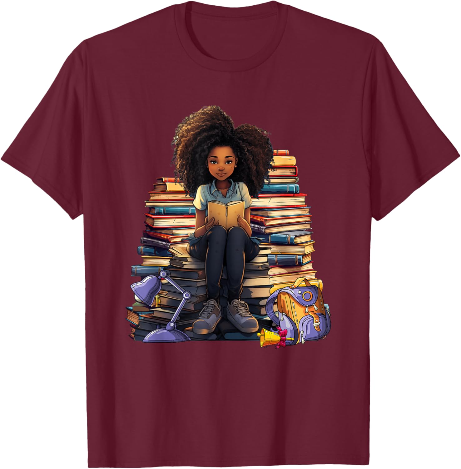 Back To School Afro Melanin Girl Reading Book Bookworm T-Shirt - T-Shirt | Maroon
