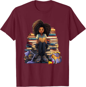 Back To School Afro Melanin Girl Reading Book Bookworm T-Shirt - T-Shirt | Maroon
