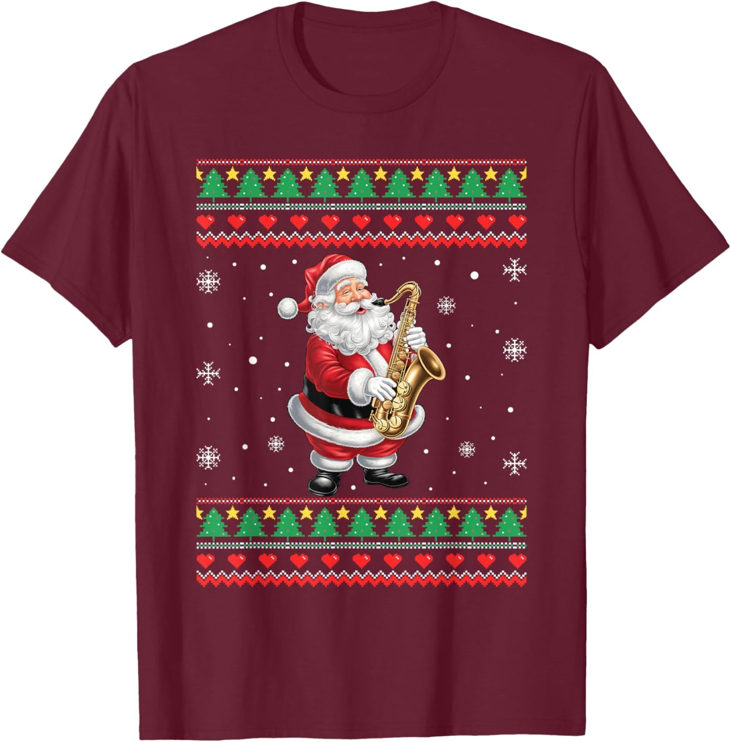Funny Christmas Santa Saxophone Musician Ugly Xmas Men Women T-Shirt - T-Shirt | Maroon