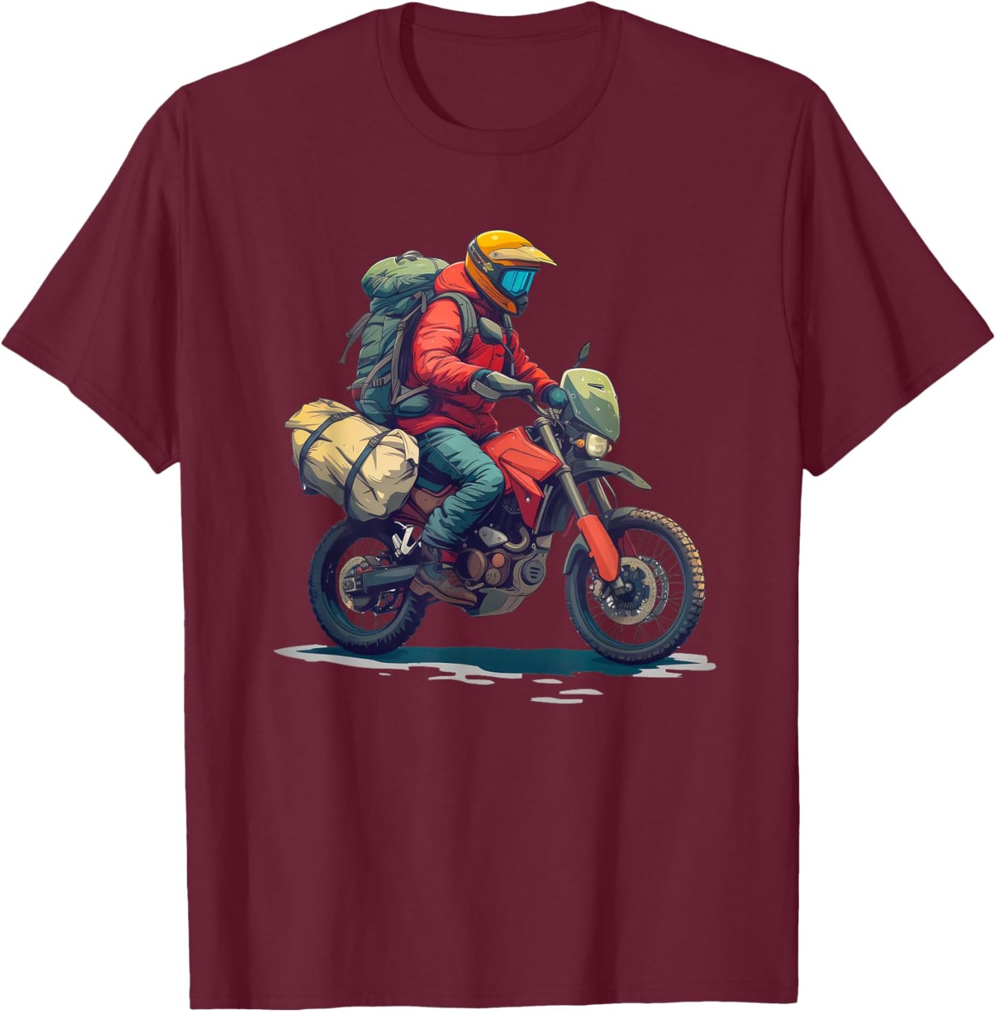 Adventure Motorcycle Rider with Camping Gear T-Shirt - T-Shirt | Maroon