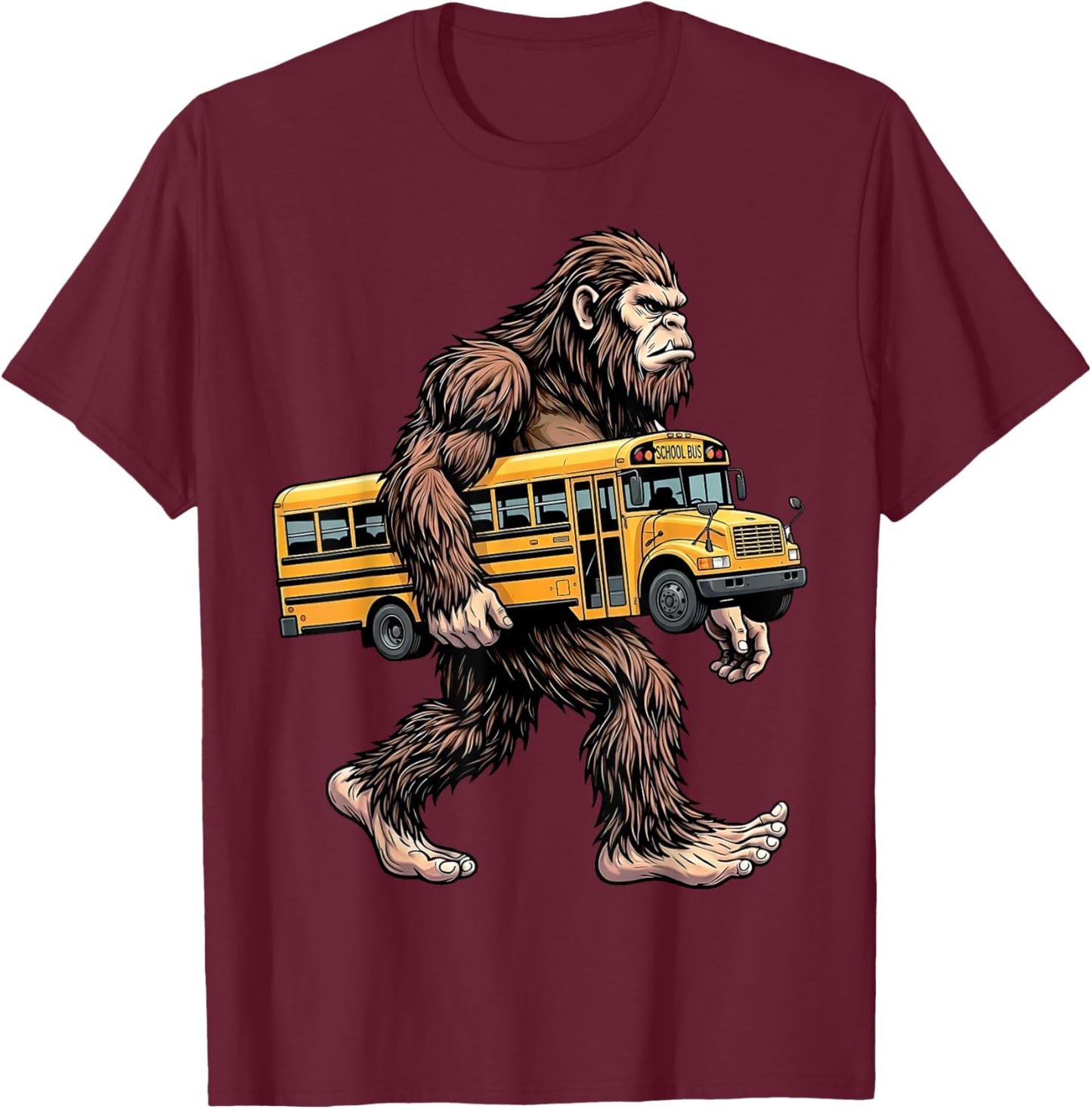 Bigfoot Carrying School Bus Funny Sasquatch Back to School T-Shirt - T-Shirt | Maroon