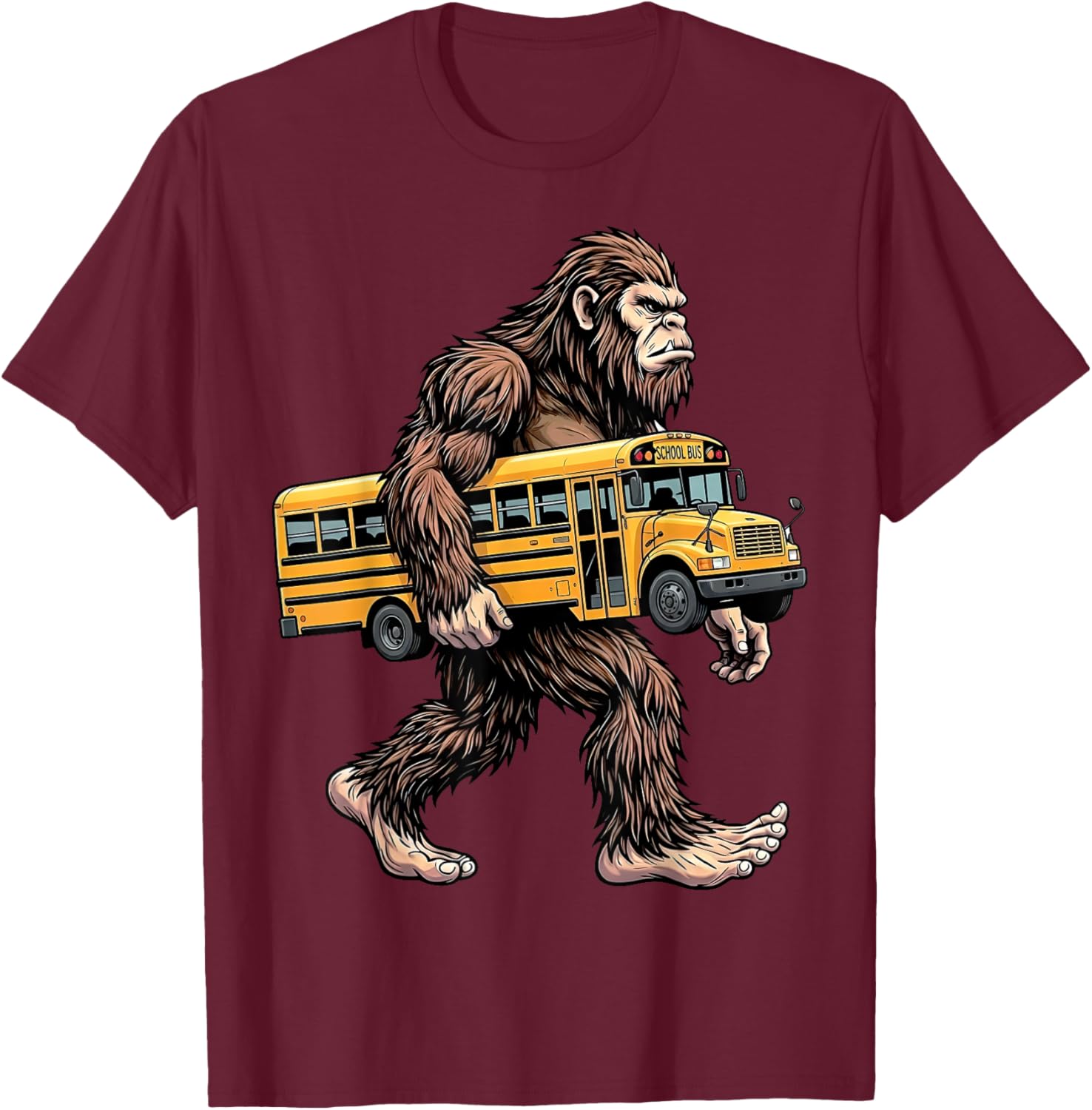 Bigfoot Carrying School Bus Funny Sasquatch Back to School T-Shirt - T-Shirt | Maroon