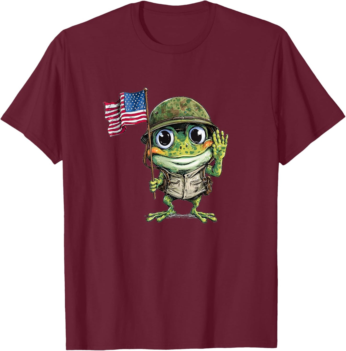 Funny Military Frog with Patriotic Flag Look T-Shirt - T-Shirt | Maroon