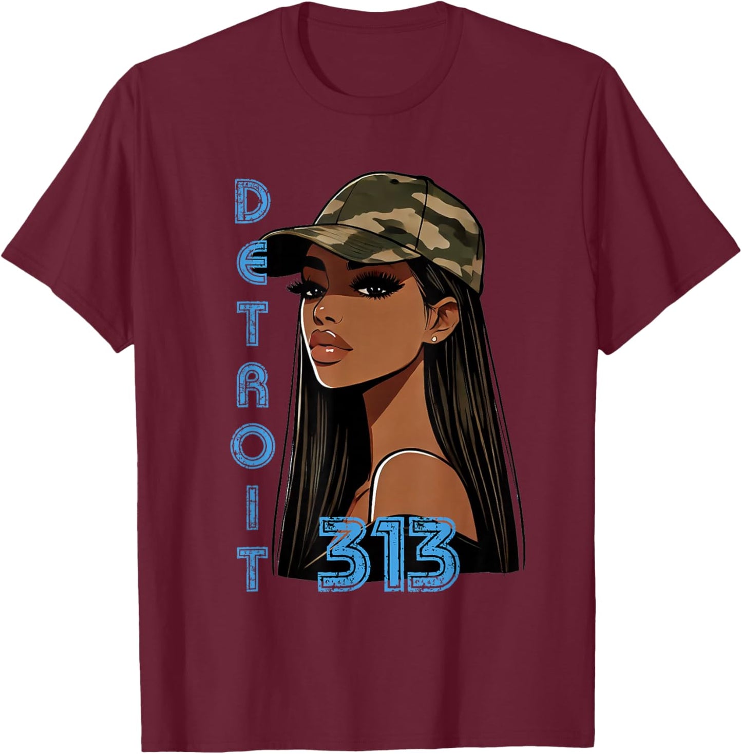 Detroit 313 Black Woman Camo Hat Hometown T-Shirt - T-Shirt | Maroon
