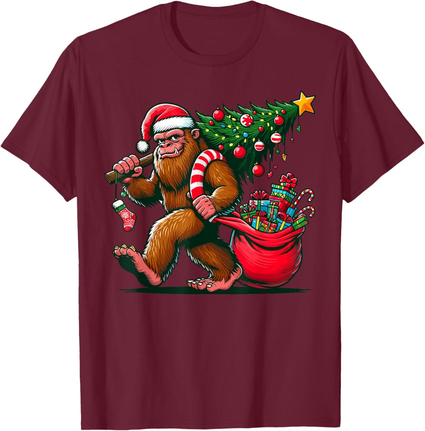 Bigfoot Christmas Tree Lights Xmas Sasquatch - -Adults, Kids - Blue - Small - Short Sleeve - - Cartoon Pattern - Winter T-Shirt - T-Shirt | Maroon